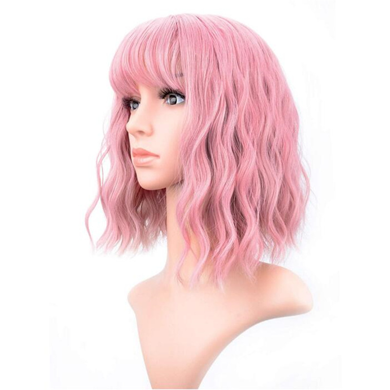 Fashion small wave water ripple roll Air bangs medium long hair haze blue wig