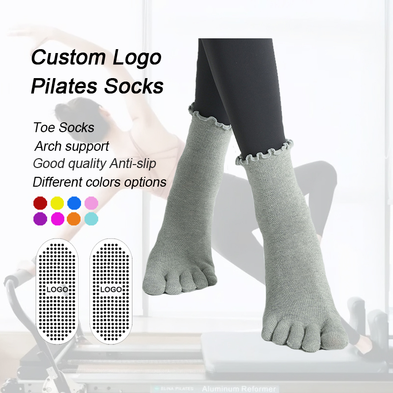 Wholesale Custom 5 Fingers Non Slip Anti Skid Ruffles Crew Aesthetic Pilates Tube Long Reformer Grip Yoga Socks With Logo