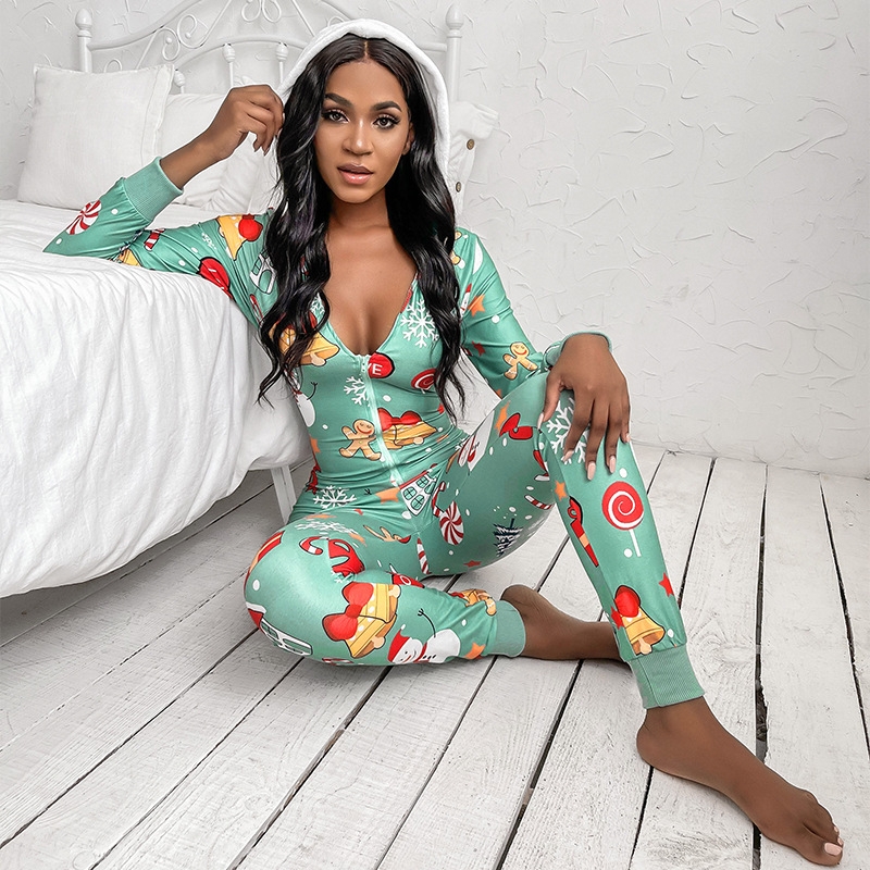 Wholesale full printing sexy deep v neckline sleepwear cotton onesie sleepwear long Christmas pajamas pyjamas