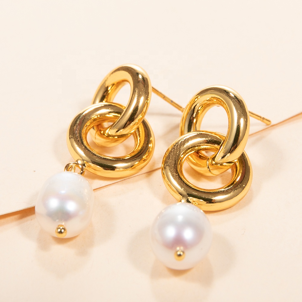 Stud fresh water pearls round 18k gold plated high end finish link chain earrings for women jewelry