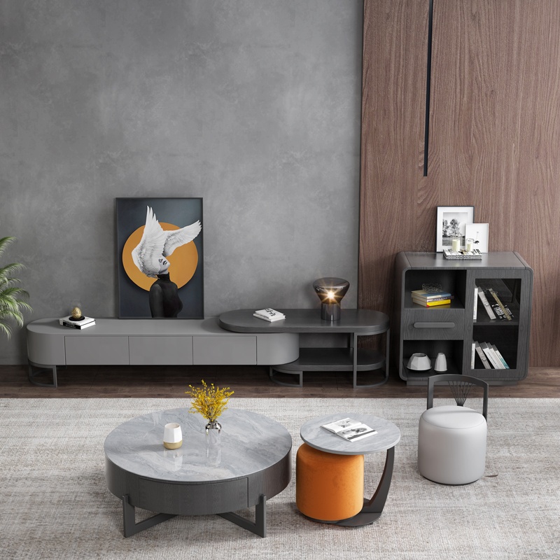 Factory wholesale gray Tea table Living room furniture Iron Feet Light Rock Plate Storage Wood Coffee Table