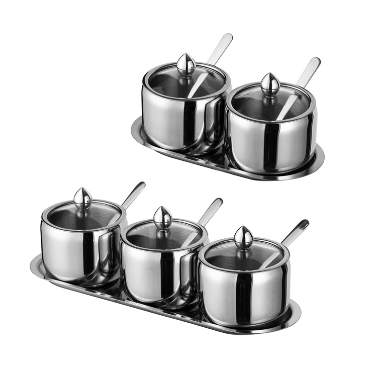 Hot Sale Stainless Steel Non-slip Base Sugar Salt Kitchen Spice Jar Condiments Container With Spoon