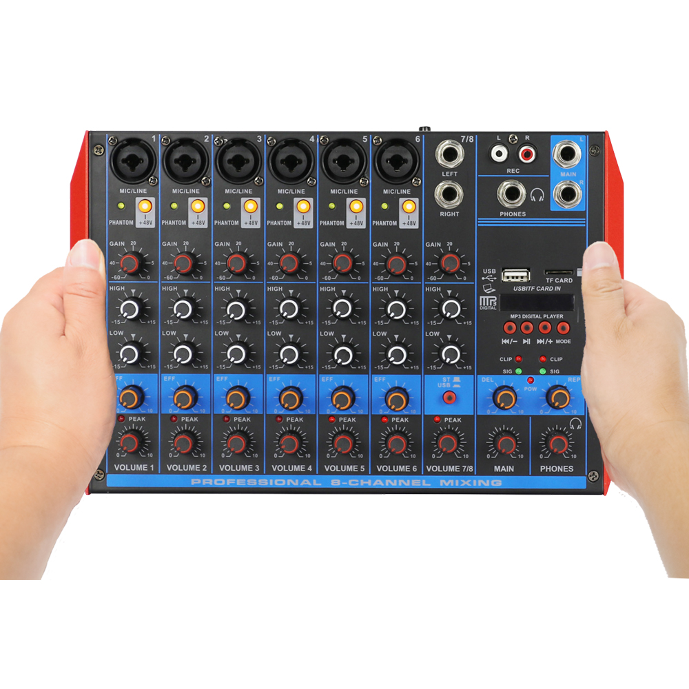 Portable 8 Way Channel Computer Laptop PC Live Sound Card DJ Mixer 48V XLR 6.5mm USB Audio BT Mixing Console MG8-USB