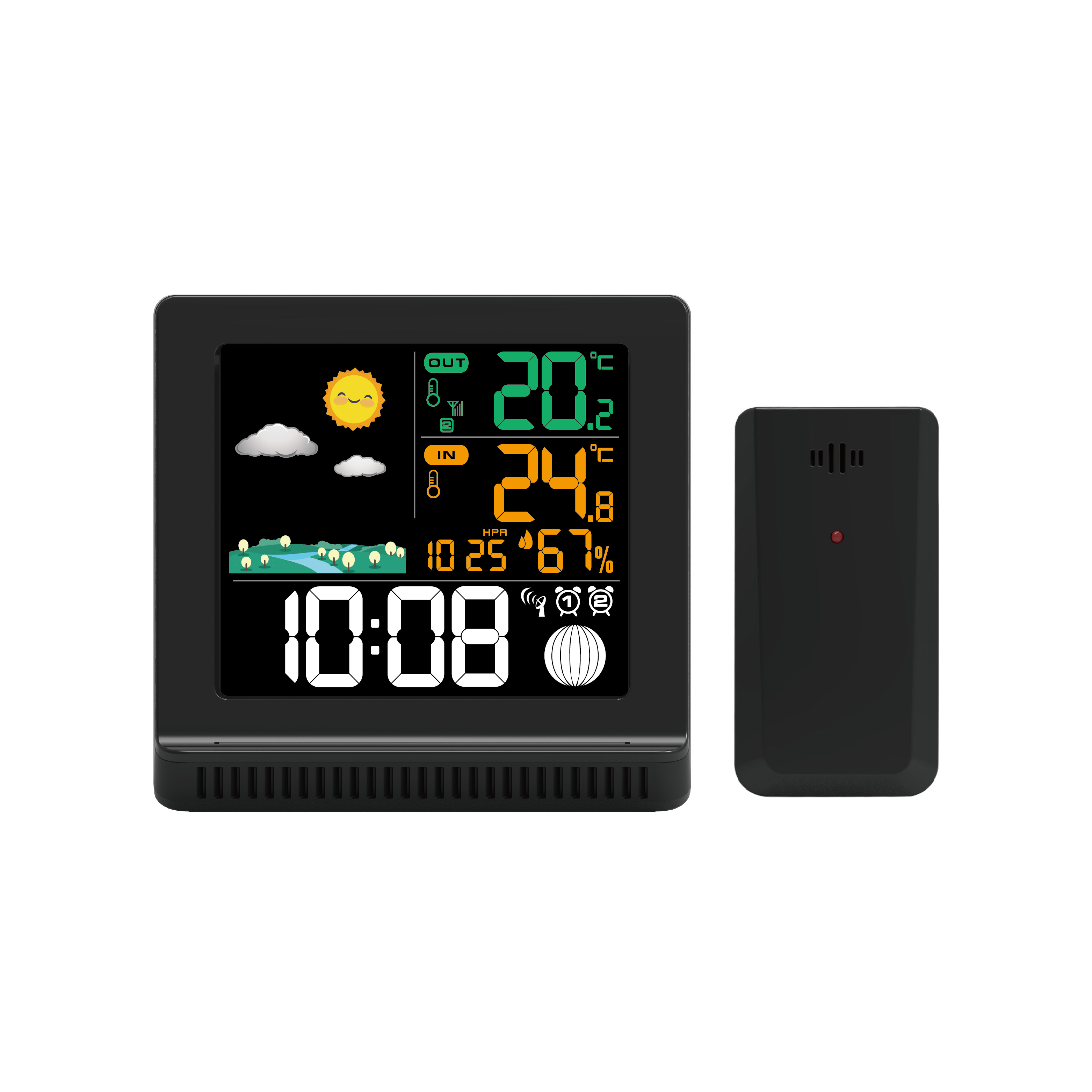 Color wireless weather station clock with double alarms indoor outdoor temperature and barometer USB charger