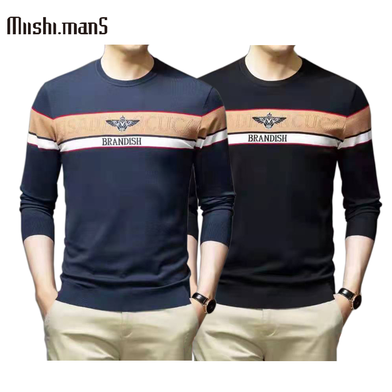 Men's round neck pullover sweater, small MOQ wholesale price yarn-dyed round neck sweater