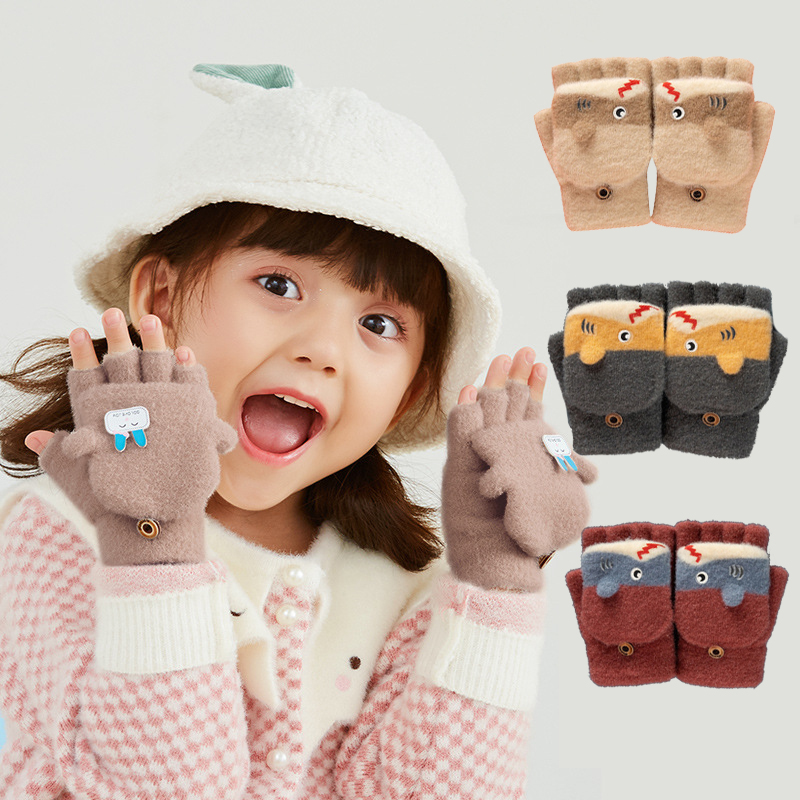 Sales Promotion Winter Conversion Child Cute Mitttens Writing Fingerless Knitted Cotton Gloves for Baby Kids