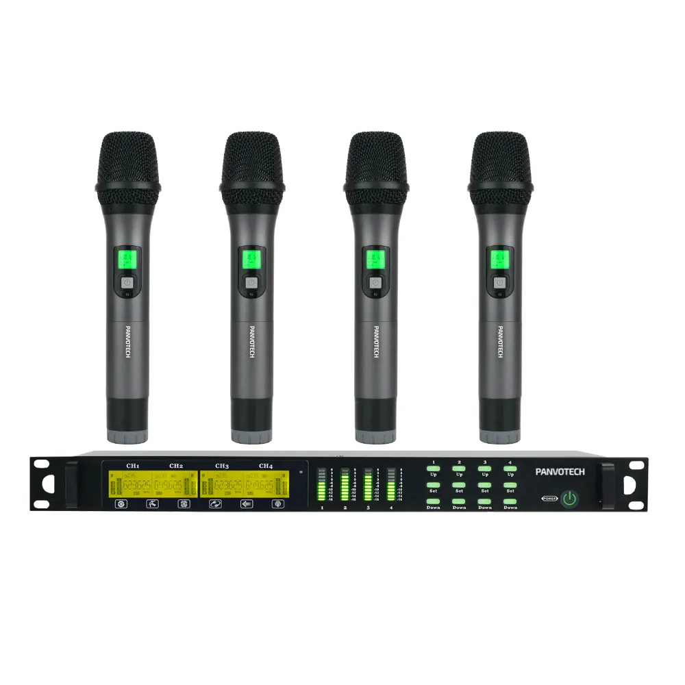 Panvotech professional uhf four channel wireless microphone with 4 handhelds wireless microphone system