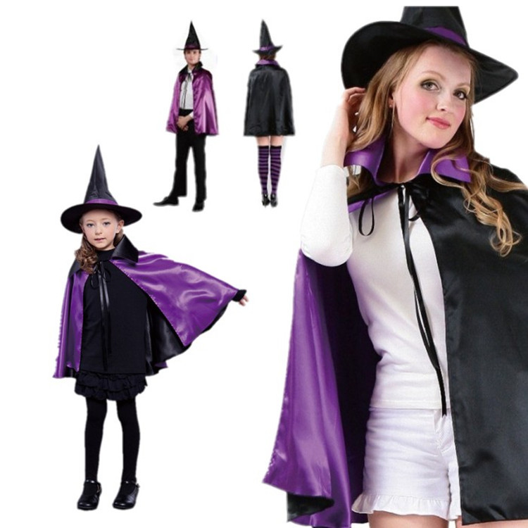 Kids Halloween Christmas Party Cloak With Hat Reversible Witch Capes Cosplay Costume