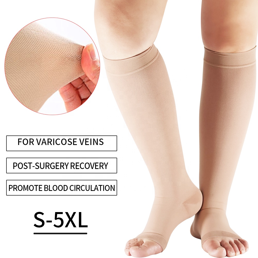Knee High Open Toe Stockings Varicose Vein Swollen Legs Opaque Black Sock 20-30mmHg