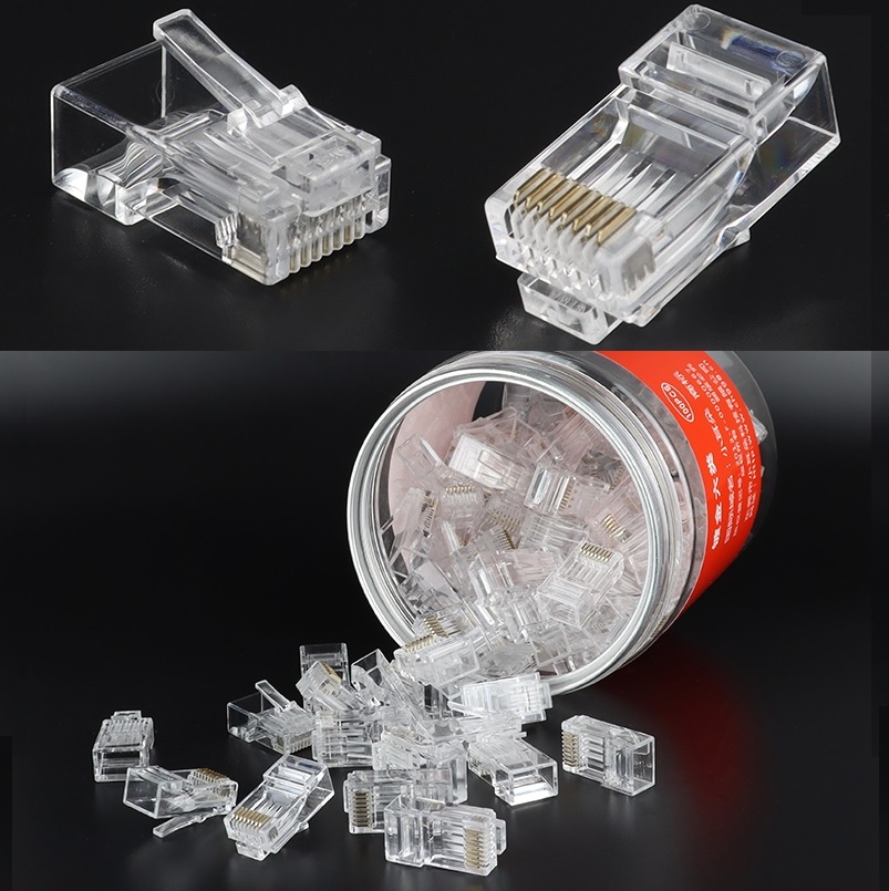 Фабричная поставка со сквозным отверстием однорядные Cat5 Cat6 8P8C разъем RJ45 8 pin с кристаллической головкой неэкранированный Позолоченный разъем