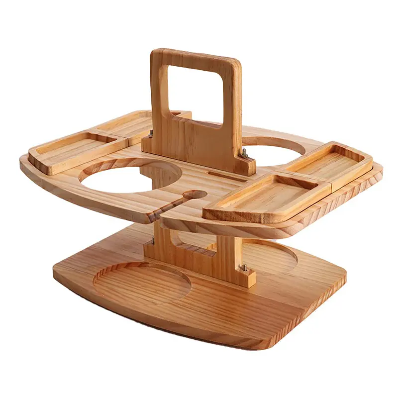 Outdoor Portable Bamboo Wood Tray Fruit Plate Picknick Wine Rack Picnic Table with Handle