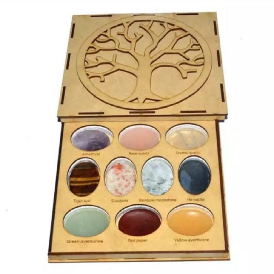 10 HEALING STONE SET WITH WOODEN BOX FLOWER OF LIFE ENGRAVED 10 HEALING WOODEN BOX WITH CHAKRA SET WHOLESALE CRYSTAL 7 CHAKRA