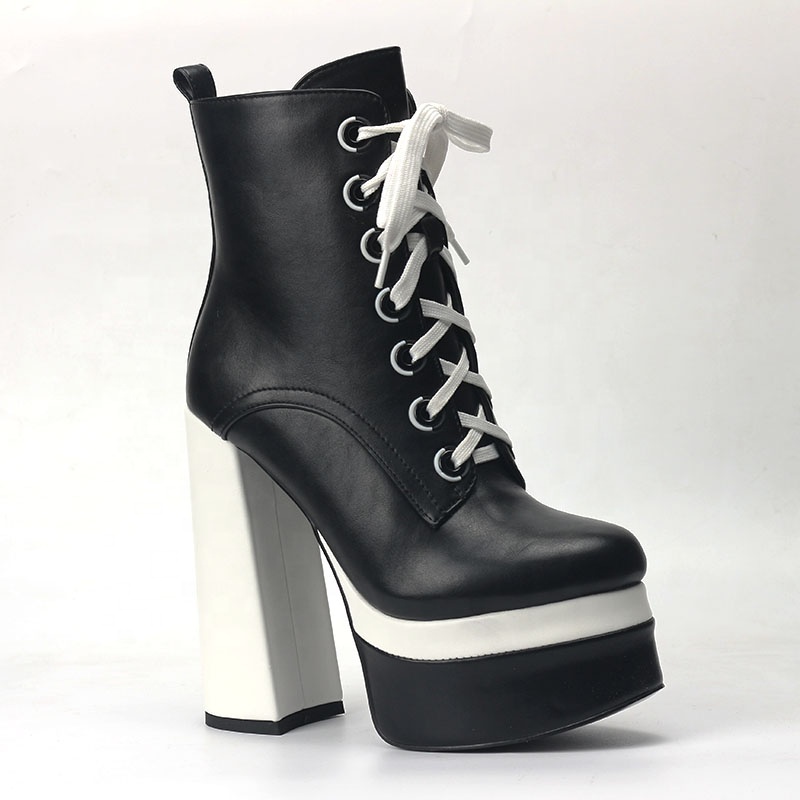 Classical fashion Black and white collocation lace up women chunky heel boots 2020 pointed toe winter boots