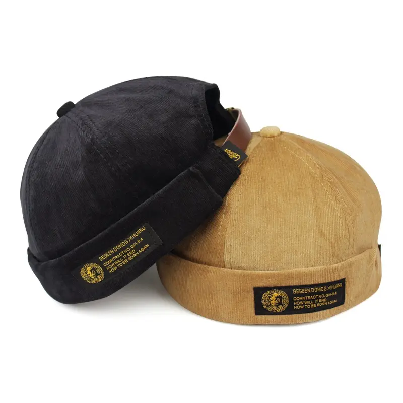 high quality custom your own logo corduroy brimless hat with leather strap