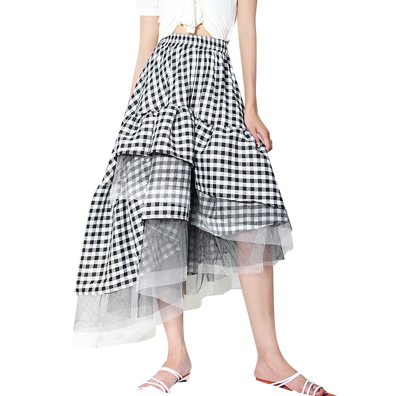 TWOTWINSTYLE Casual Plaid Asymmetrical Hem Patchwork Mesh Long Skirts Female 2021 Autumn