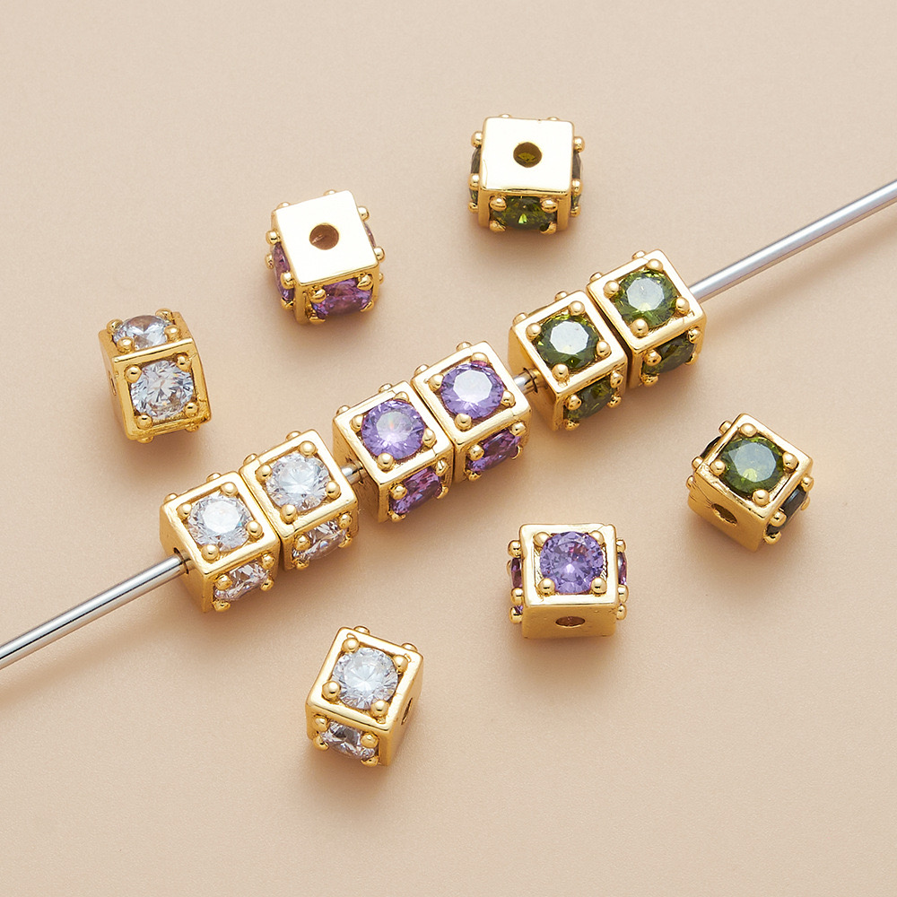 Copper Plated 18K Gold Strong Color Preservation Micro Inset Zircon Square Three-Dimensional Bead Acrylic Plastic Lucite Beads