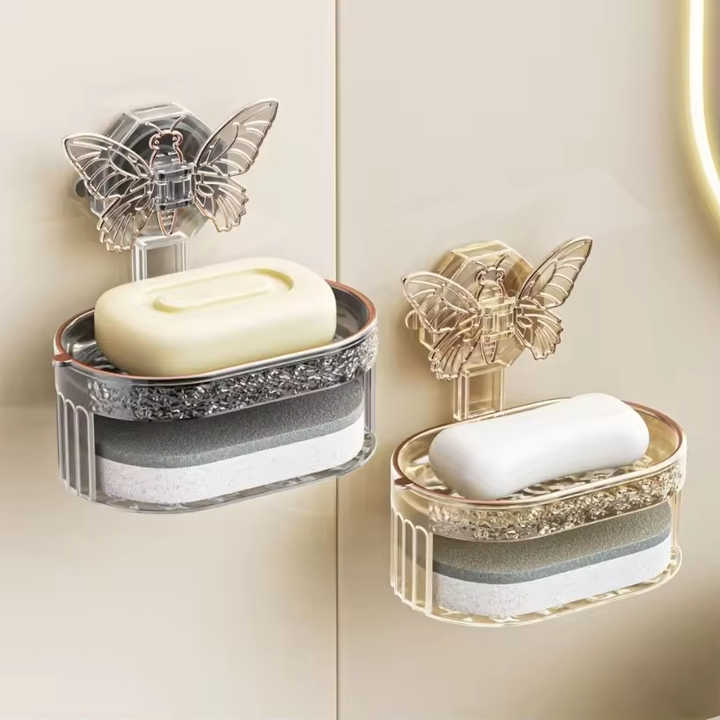 2 Layers Butterfly Suction Cup Soap Holder Bathroom Soap Dish With Drain Water Wall Mounted Soap Box Bathroom Accessories