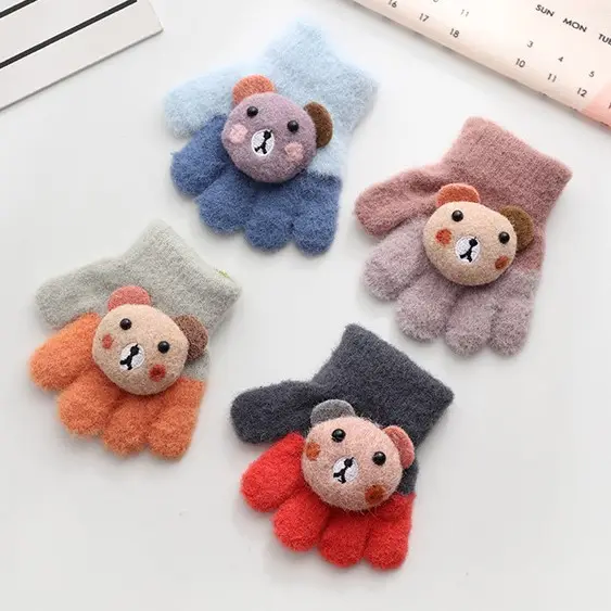 BESTELLA Multicolor Mini Cute 3D Bear Children Thicken Gloves Color Match Warm Snow Kids Gardening Winter Gloves for Kid