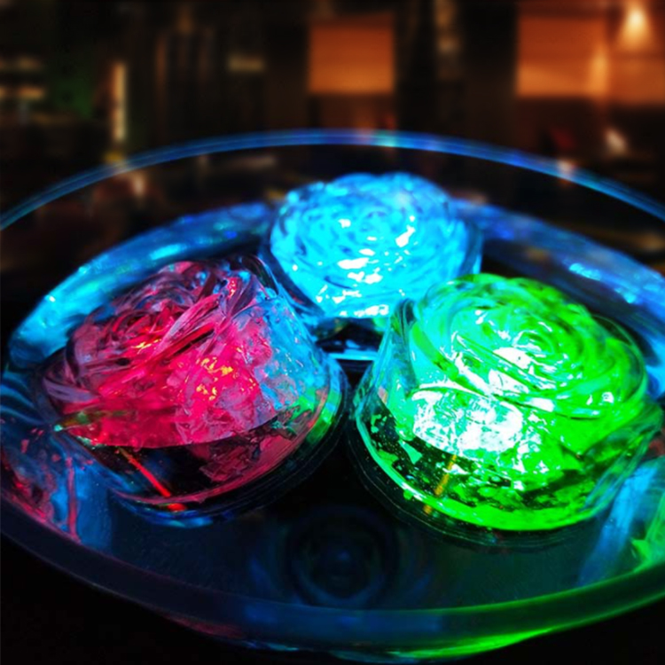Amazon hot selling Bar fast slow flash auto changing color PS water-activated light-up Rose shape LED ice cube