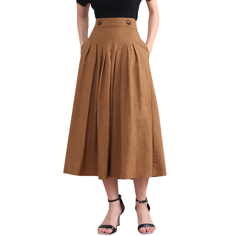 TWOTWINSTYLE Autumn Vintage Camel Pleated Solid A Line High-waisted Long Skirts