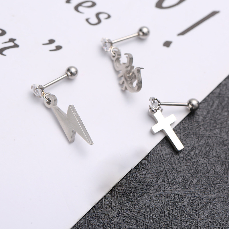 Vintage Fashion Shiny Rhinestone Stud Earrings Stainless Steel Cross Scorpion Lightning Pendant Drop Earrings For Men