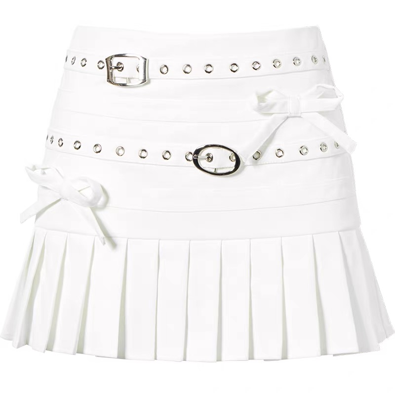 OEM ODM Ladies Casual Mini Skirt With High Rise Embroidered Denim Double Belt Bow Solid Black White Print Design
