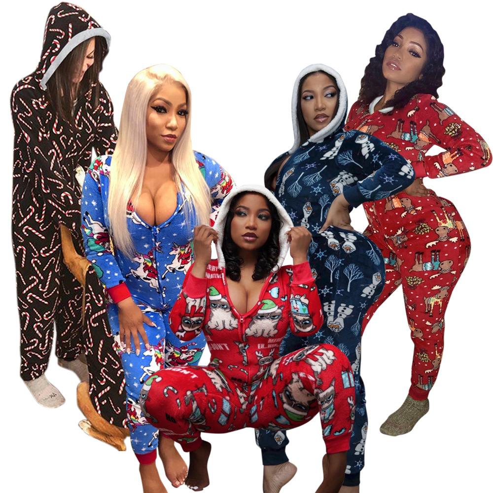 New Arrival 2021 Fall Set Woman Cartoon Print Zip Long Hooded Christmas One Piece Pajamas