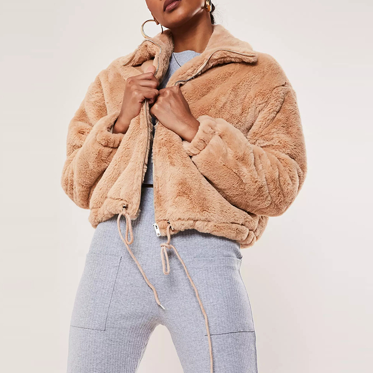 petite camel cropped faux fur bomber jacket