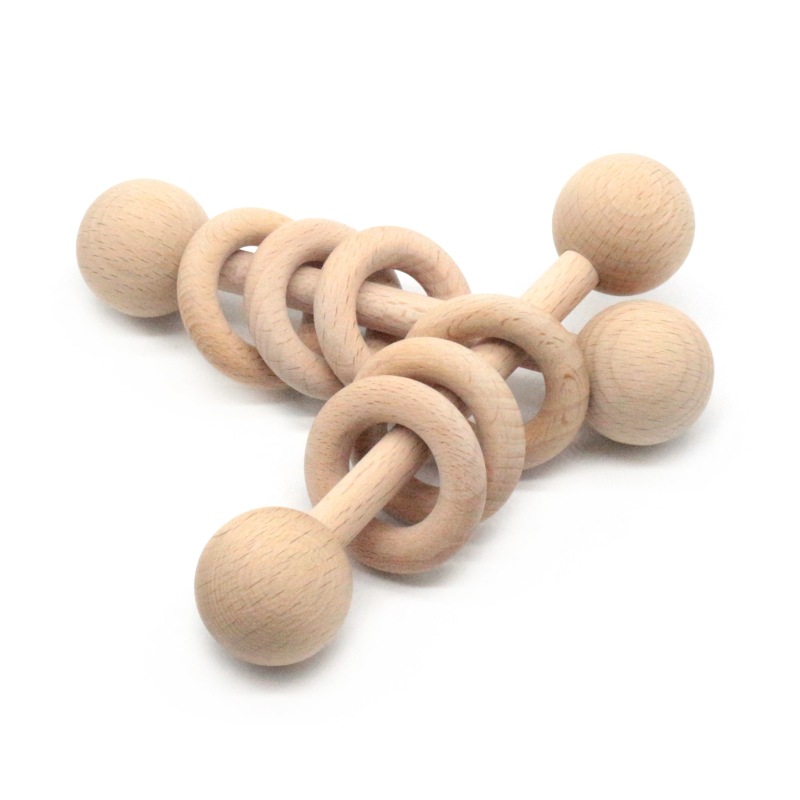 Grasping Organic Beech Wood Teether Baby Soft Rattle Toys Teething Wooden Rattle Ring