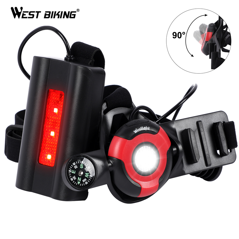 Ночной светодиодный фонарь WEST BIKING для бега, нагрудный корпус с компасом, USB-зарядка, предупреждающий задний фонарь