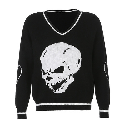 fashion skull print graphic casual vintage punk womens winter loong sleeve v neck knitting sweater