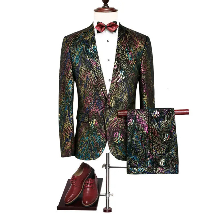 Custom high quality cashmere hot gold men's slim-fit floral two-piece men's wedding groom suit is popular