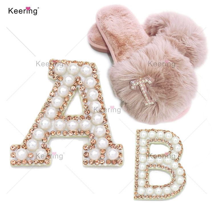 Keering Custom Greek Heat Transfer A-Z Rhinestone Pearl Alphabet Applique Iron on Patch Letters for DIY Slippers Hat Shirt Bag