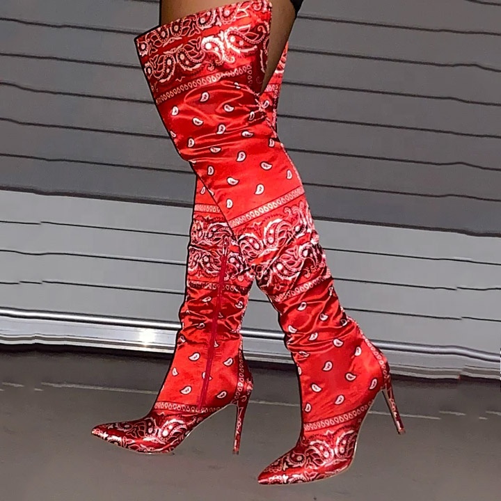 Fancy Soft Bandana Upper Women Over Knee High Boots Side Half-zip Thin Heel Thigh High Booties for Ladies Big Size 43