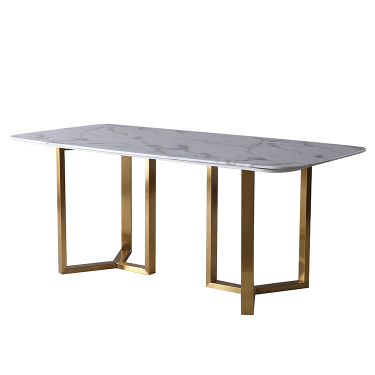 Good Quality Dining Tables Gold Brushed Stainless Steel Base Artificial Marble Top Modern Dining Table
