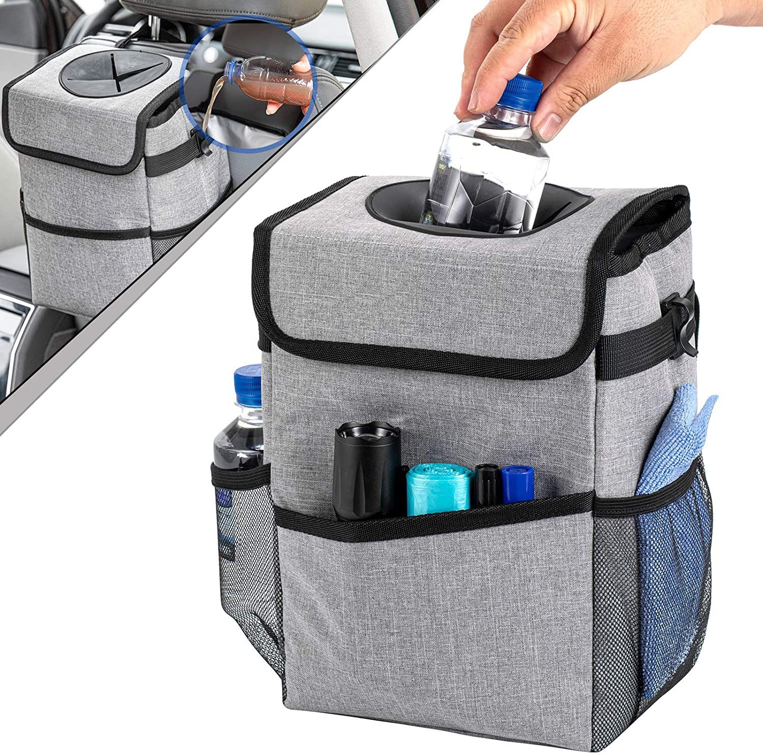 2.3 Gallon Waterproof Grey Car Trash Can Organizer Lid And Storage Pockets Foldable Auto Trash Bin Leakproof Car Waste Bin