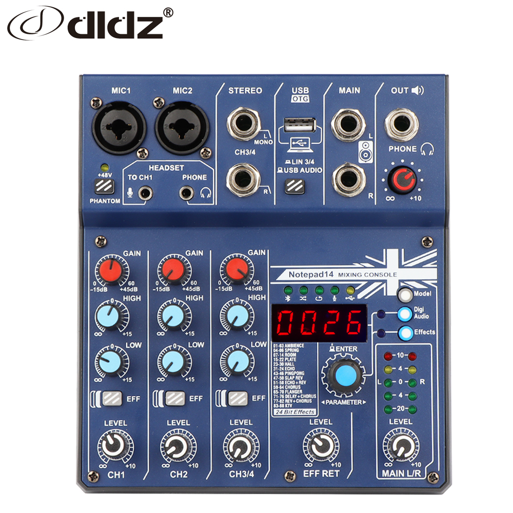 DLDZ 4 channel Portable Professional Music Sound DJ Audio Mixer with BT USB interface 48V Phantom Power Supply and Effect