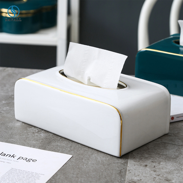 Savall HoReCa white blue napkin rack golden rim rectangle luxury tissue box ceramic porcelain ceramic porcelain