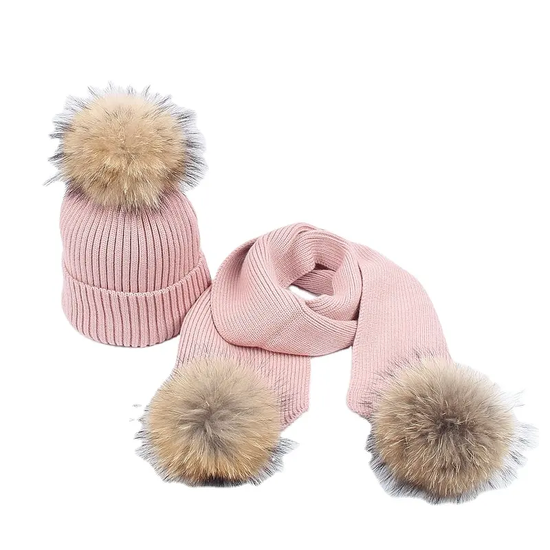 Luxury women winter soft wear warm thick fox fur pom pom wool cute knitted scarf hat sets