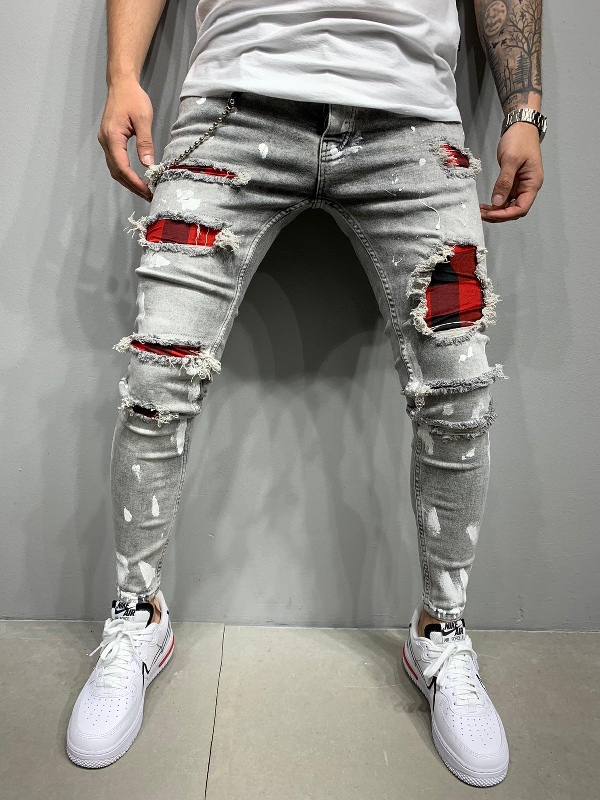 Europe and the United States skinny pants badge jeans men Trendy knee hole biker jeans low cheap price man jeans Denim