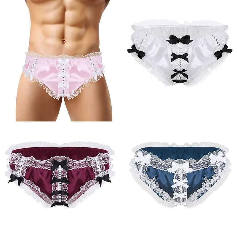 Mens Soft Shiny Ruffled Floral Lace Satin Lingerie Low Rise Stretchy Bikini Sissy Briefs Underwear