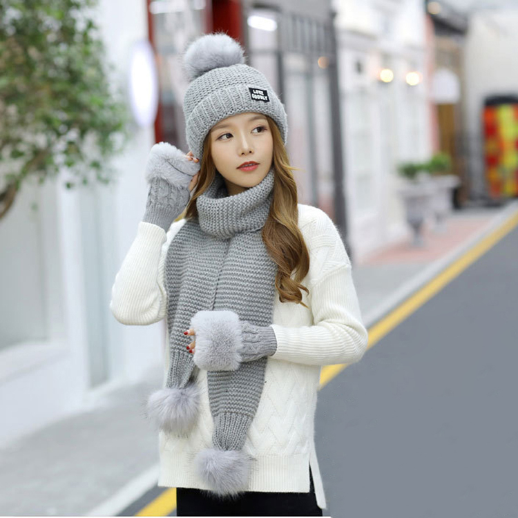 Custom cheap high quality knitted knit cap women winter hats and scarf with pom pom 2021