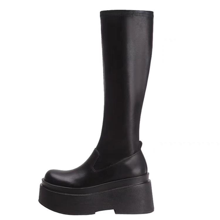 Women's Autumn Mid-calf Knee-High Boots Solid Color Pattern Round Toe Slip-On Winter Leather and PU Boots