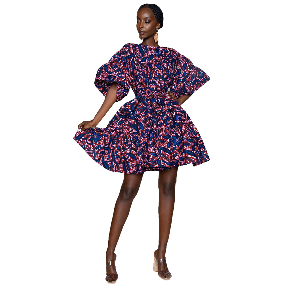2021 Women Ethnic African Style Round Neck Long Sleeve Dress Ruffle Sleeve Expansion Loose Skirt