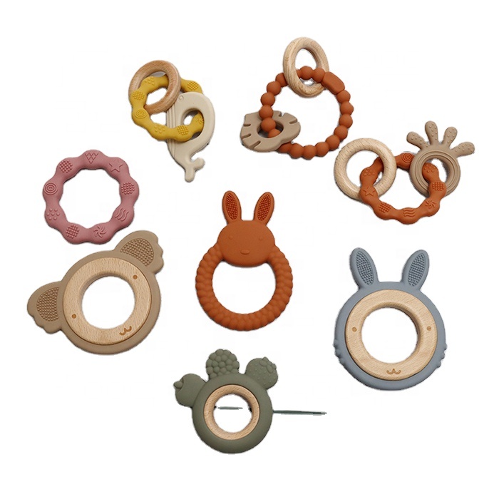 silicone teether with animal model baby rattle wooden ring teether sensory baby toy with teether