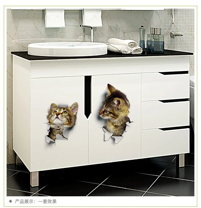 Amazon Hot Sale Cartoon Cat Wall Sticker 3D Bathroom Decors Toilet Sticker
