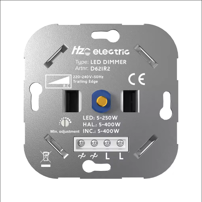 D621R1 EU Standard 220-240VAC 400W Trailing Edge 2 way Push On/Off Rotary Led Dimmer Switch