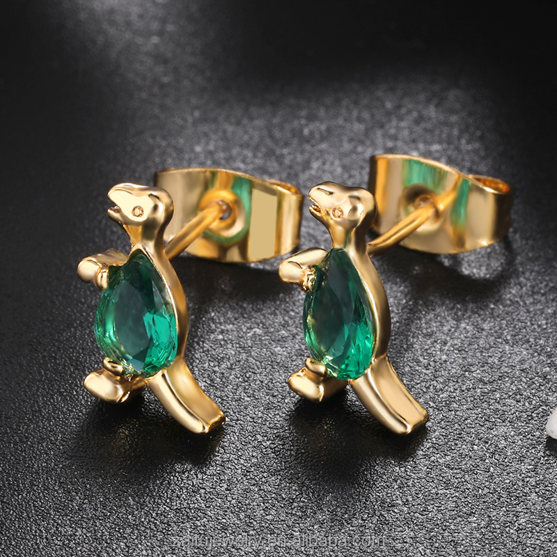 Cute Cartoon Small Wild Animal Dinosaur Mini Studs Earring Green Rhinestone Decoration Gold Coated Stud Earring