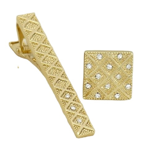 Inlaid White Diamond Gold Jewelry Cufflinks & Tie Clips Set