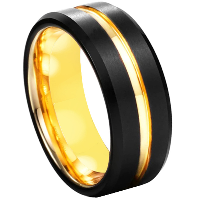 Fine jewelry 8mm brushed surface men wedding ring black and gold tungsten carbide with brushed finished